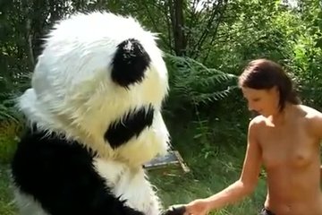 Дама трахается с пандой на природе